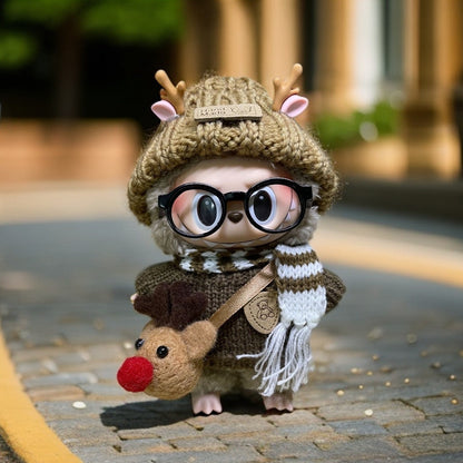 Christmas Style Doll Multi-Piece Outfit Set, Elk Element Knitted Hat + Sweater + Scarf + Elk Bag, Autumn & Winter Cute Doll Clothing Set