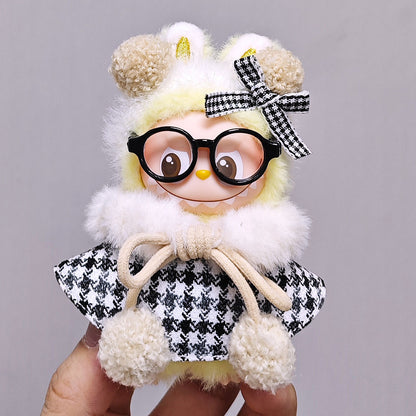 Labubu 4th Generation Doll Outfit - Vintage Houndstooth Plush Set with Glasses & Bow Accessory for 10.5cm Labubu Vinyl Doll