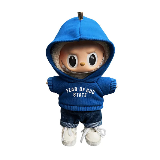 Labubu doll-style streetwear hoodie set, paired with jeans and sneakers, for an urban look.