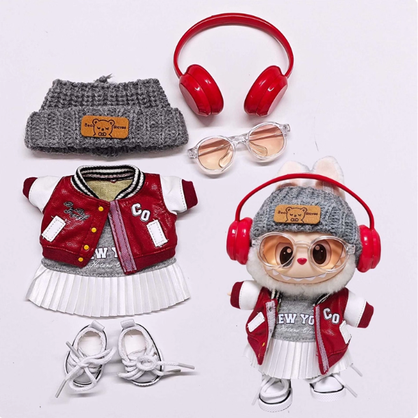 15-18cm Trendy Pink Plush Doll Outfit Set, Red Smile Bunny Ear Hat + Sweatshirt + Cargo Pants + Accessories, Cute Doll Clothing